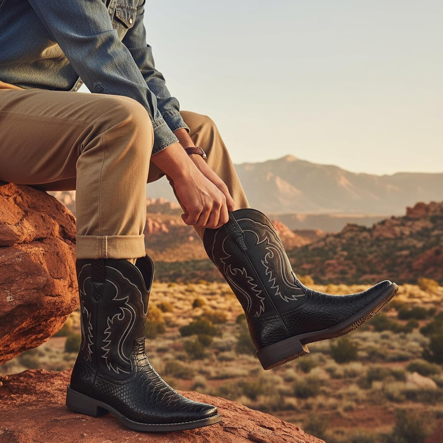image:imageIUV Cowboy Boots for Men Faux Snake Skin Embroidered Western Boots Slip Resistant Square Toe Pull on Mid Calf Cowboy BootBlack