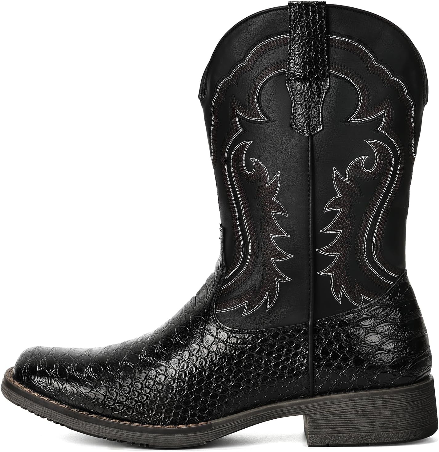 image:imageIUV Cowboy Boots for Men Faux Snake Skin Embroidered Western Boots Slip Resistant Square Toe Pull on Mid Calf Cowboy BootBlack