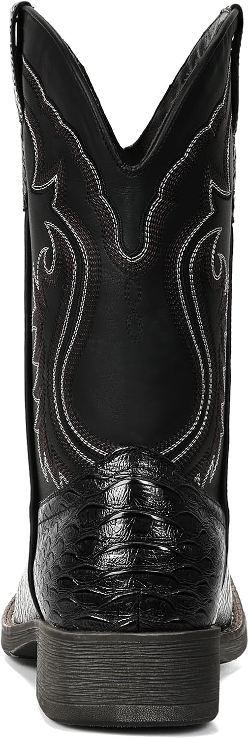 image:imageIUV Cowboy Boots for Men Faux Snake Skin Embroidered Western Boots Slip Resistant Square Toe Pull on Mid Calf Cowboy BootBlack