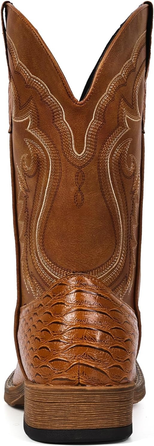 image:imageIUV Cowboy Boots for Men Faux Snake Skin Embroidered Western Boots Slip Resistant Square Toe Pull on Mid Calf Cowboy BootBrown