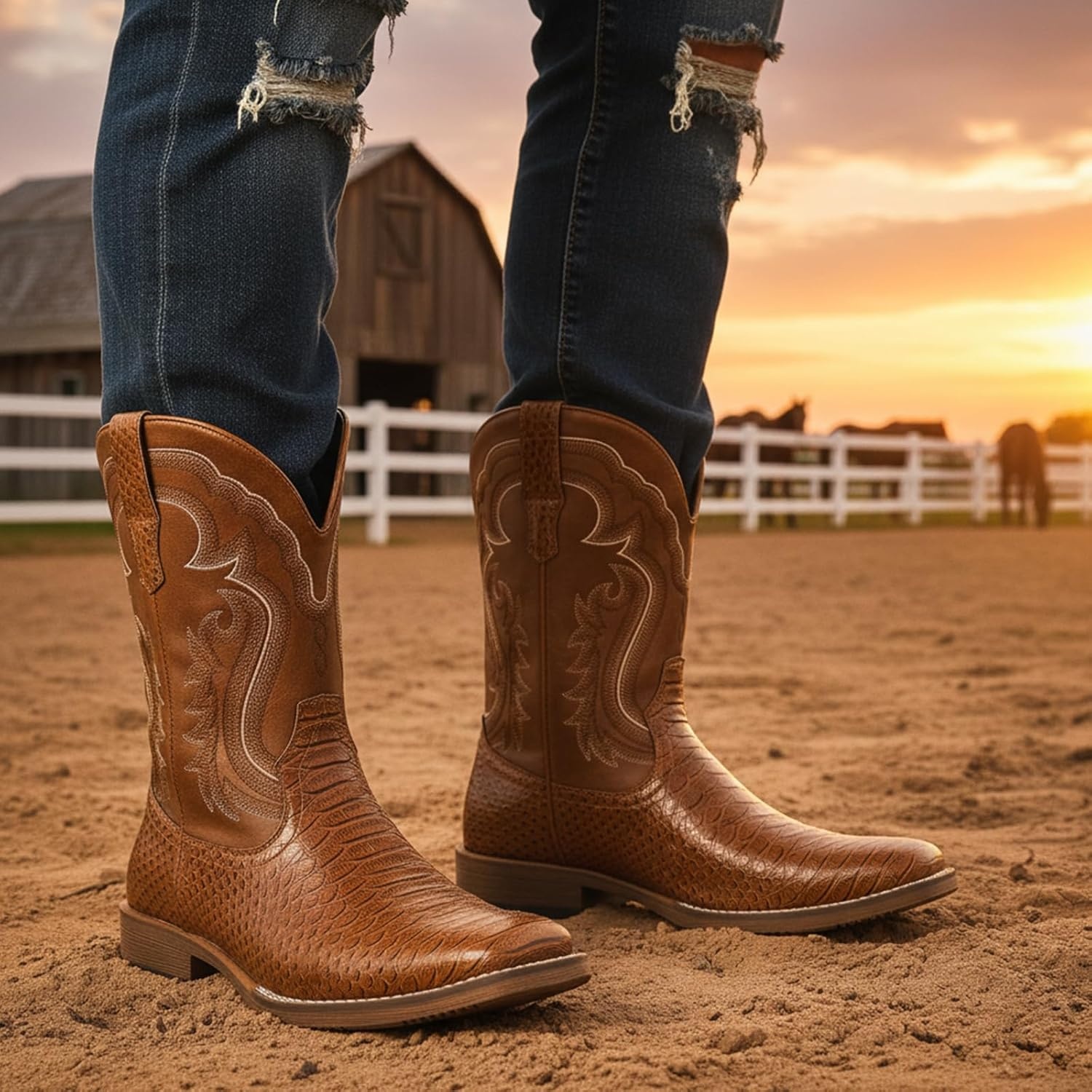 image:imageIUV Cowboy Boots for Men Faux Snake Skin Embroidered Western Boots Slip Resistant Square Toe Pull on Mid Calf Cowboy BootBrown