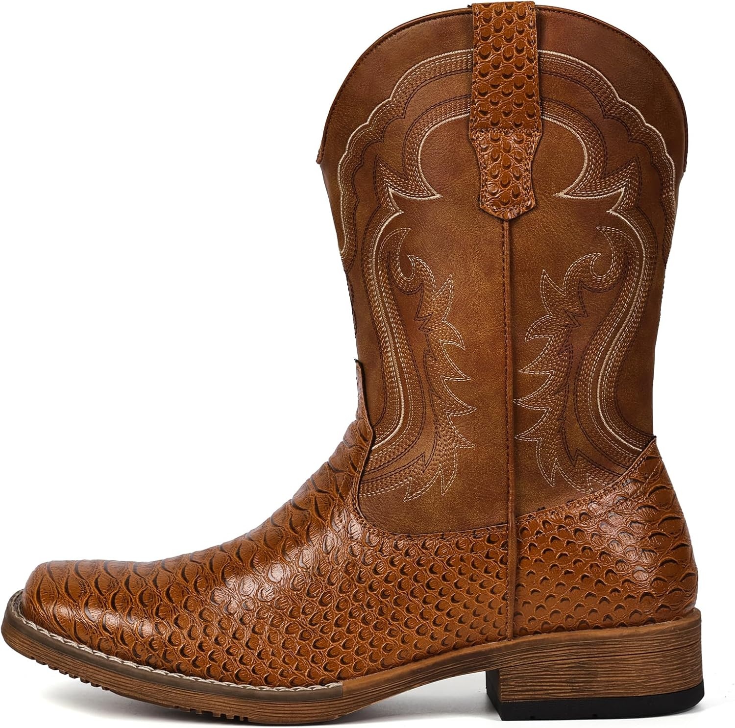 image:imageIUV Cowboy Boots for Men Faux Snake Skin Embroidered Western Boots Slip Resistant Square Toe Pull on Mid Calf Cowboy BootBrown