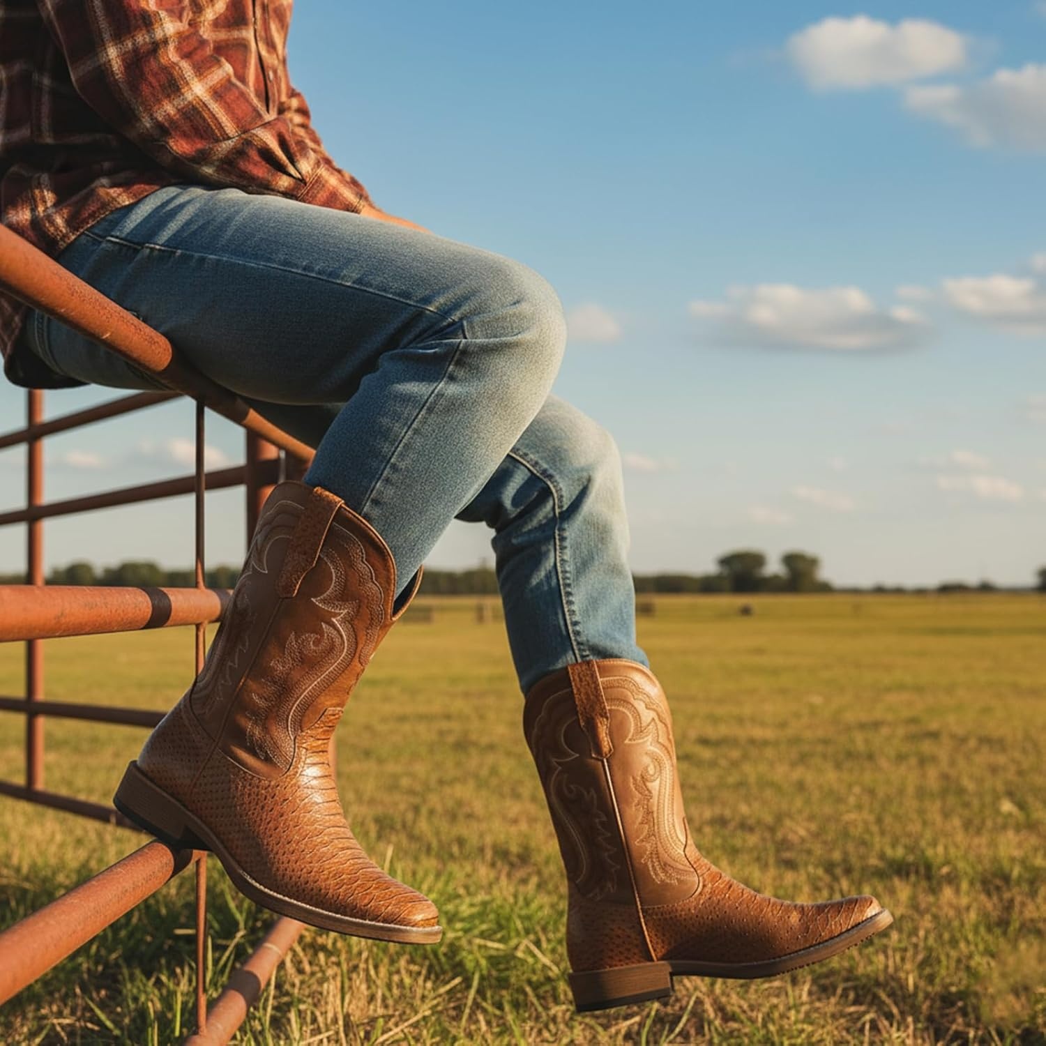 image:imageIUV Cowboy Boots for Men Faux Snake Skin Embroidered Western Boots Slip Resistant Square Toe Pull on Mid Calf Cowboy BootBrown