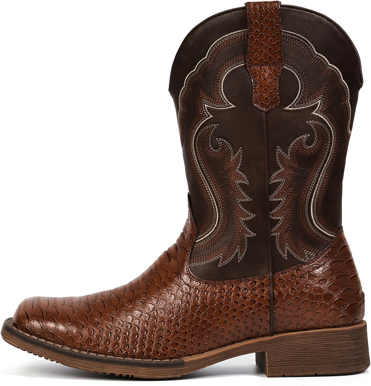 image:imageIUV Cowboy Boots for Men Faux Snake Skin Embroidered Western Boots Slip Resistant Square Toe Pull on Mid Calf Cowboy BootDark Brown