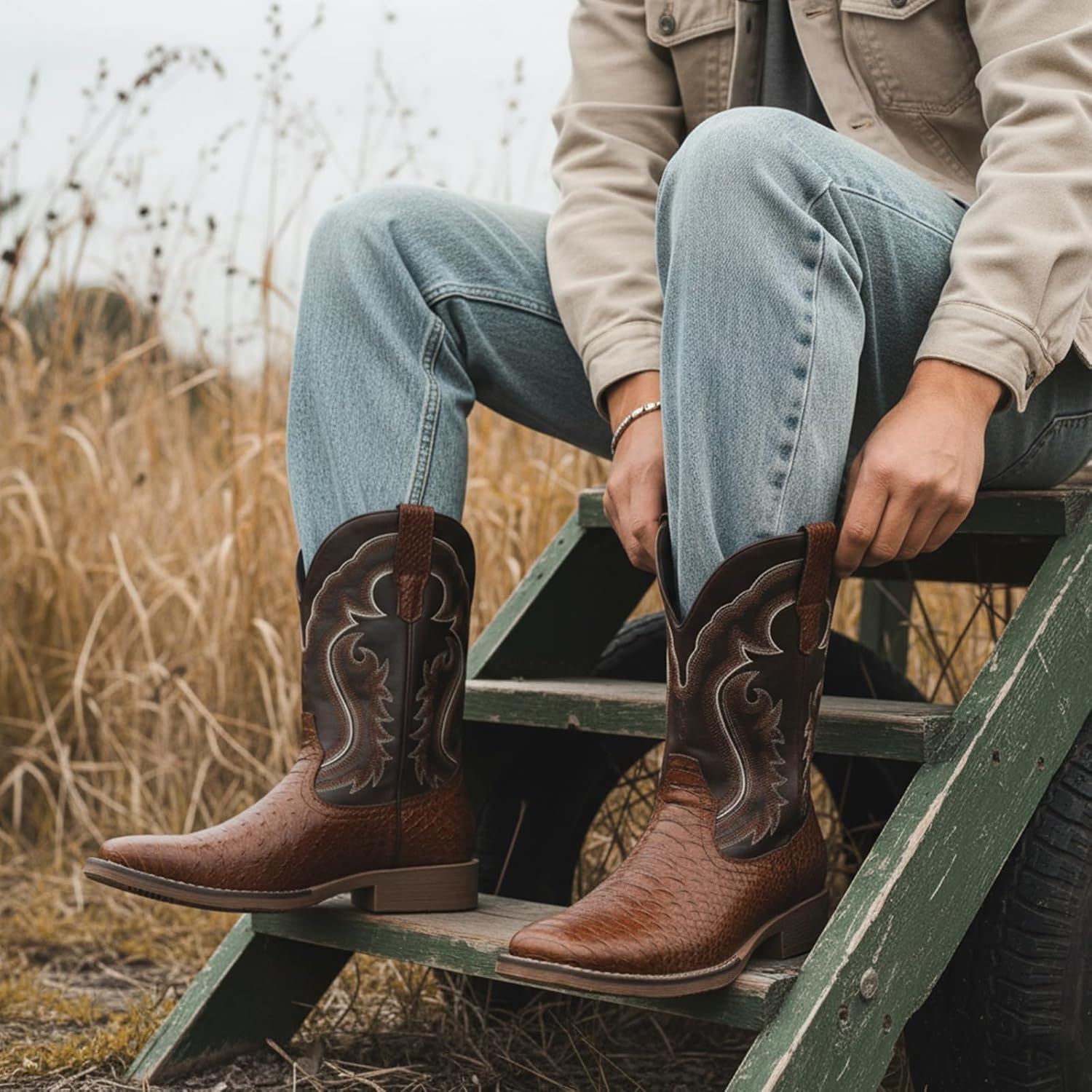 image:imageIUV Cowboy Boots for Men Faux Snake Skin Embroidered Western Boots Slip Resistant Square Toe Pull on Mid Calf Cowboy BootDark Brown