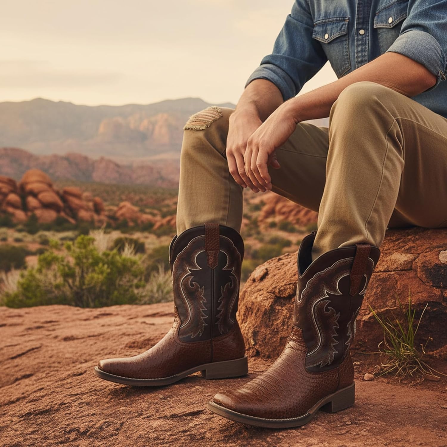 image:imageIUV Cowboy Boots for Men Faux Snake Skin Embroidered Western Boots Slip Resistant Square Toe Pull on Mid Calf Cowboy BootDark Brown
