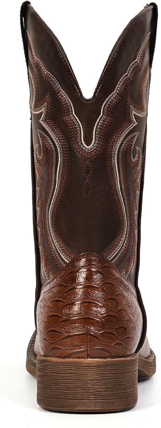 image:imageIUV Cowboy Boots for Men Faux Snake Skin Embroidered Western Boots Slip Resistant Square Toe Pull on Mid Calf Cowboy BootDark Brown