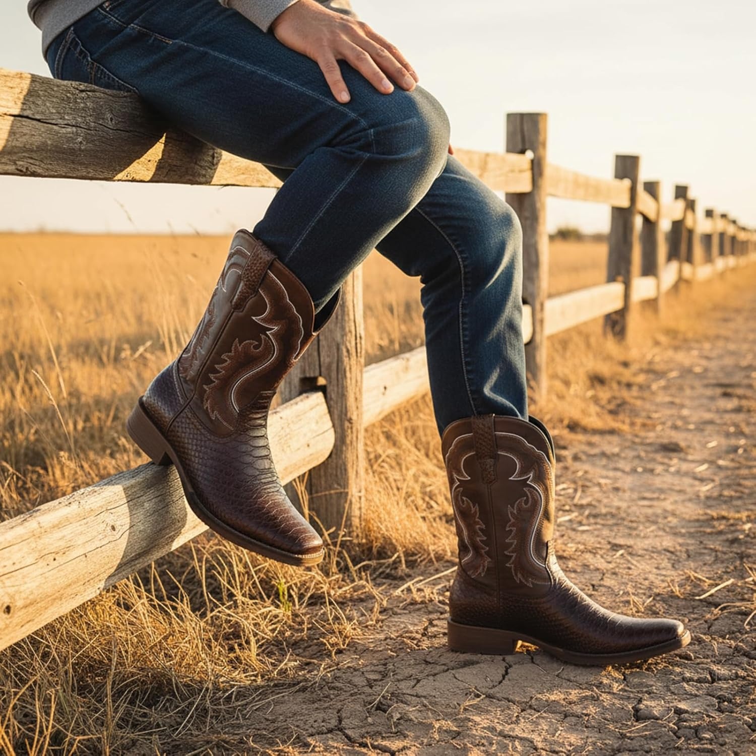 image:imageIUV Cowboy Boots for Men Faux Snake Skin Embroidered Western Boots Slip Resistant Square Toe Pull on Mid Calf Cowboy BootKhaki