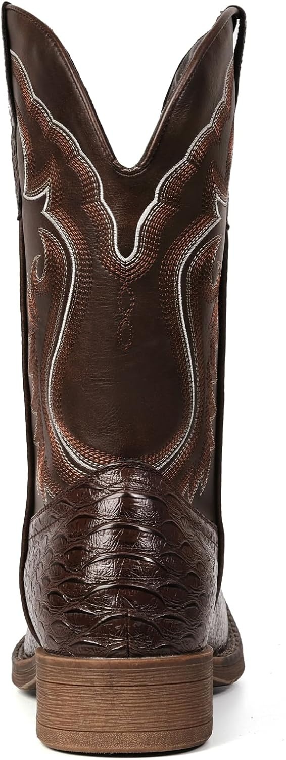 image:imageIUV Cowboy Boots for Men Faux Snake Skin Embroidered Western Boots Slip Resistant Square Toe Pull on Mid Calf Cowboy BootKhaki