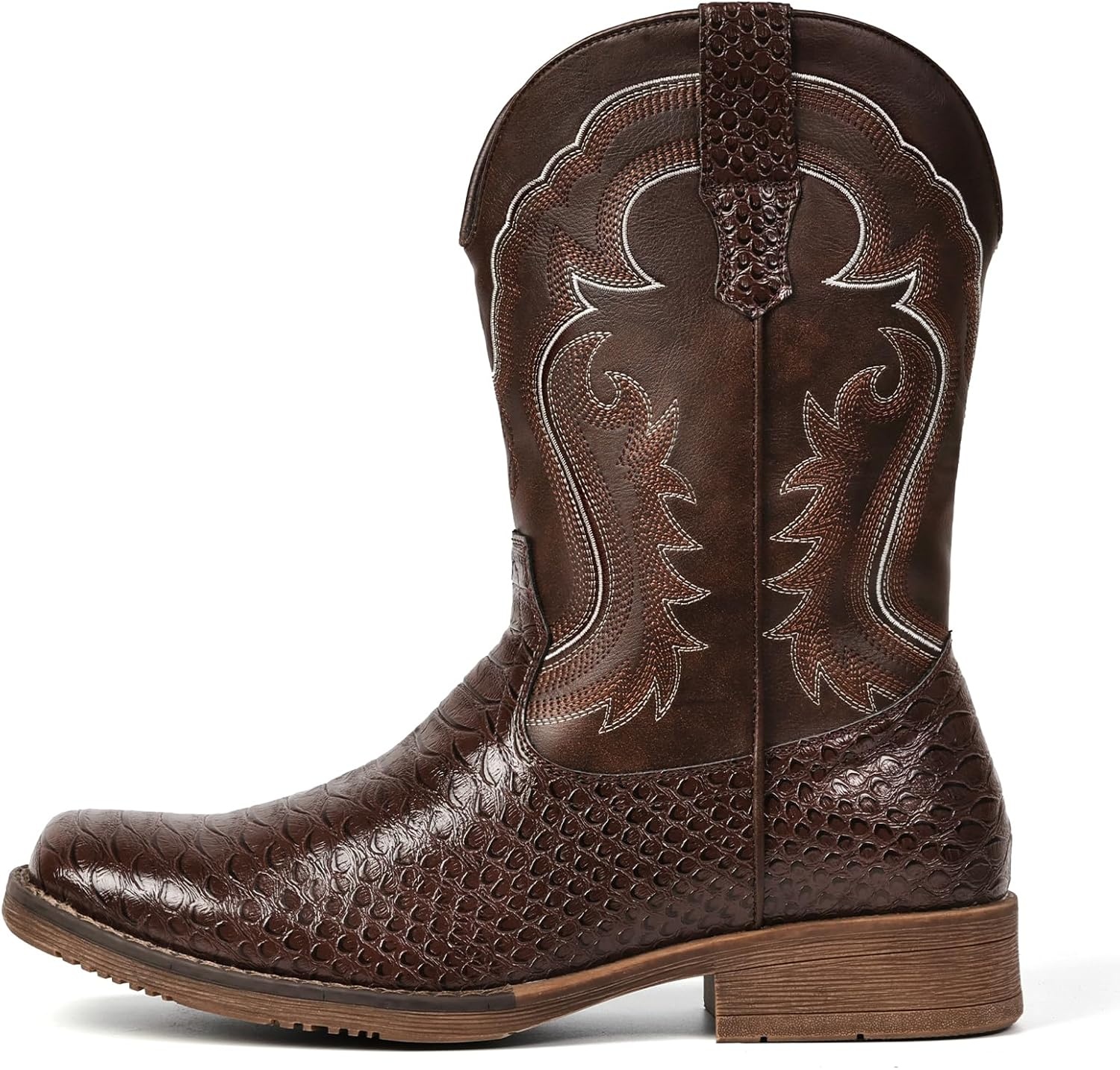 image:imageIUV Cowboy Boots for Men Faux Snake Skin Embroidered Western Boots Slip Resistant Square Toe Pull on Mid Calf Cowboy BootKhaki
