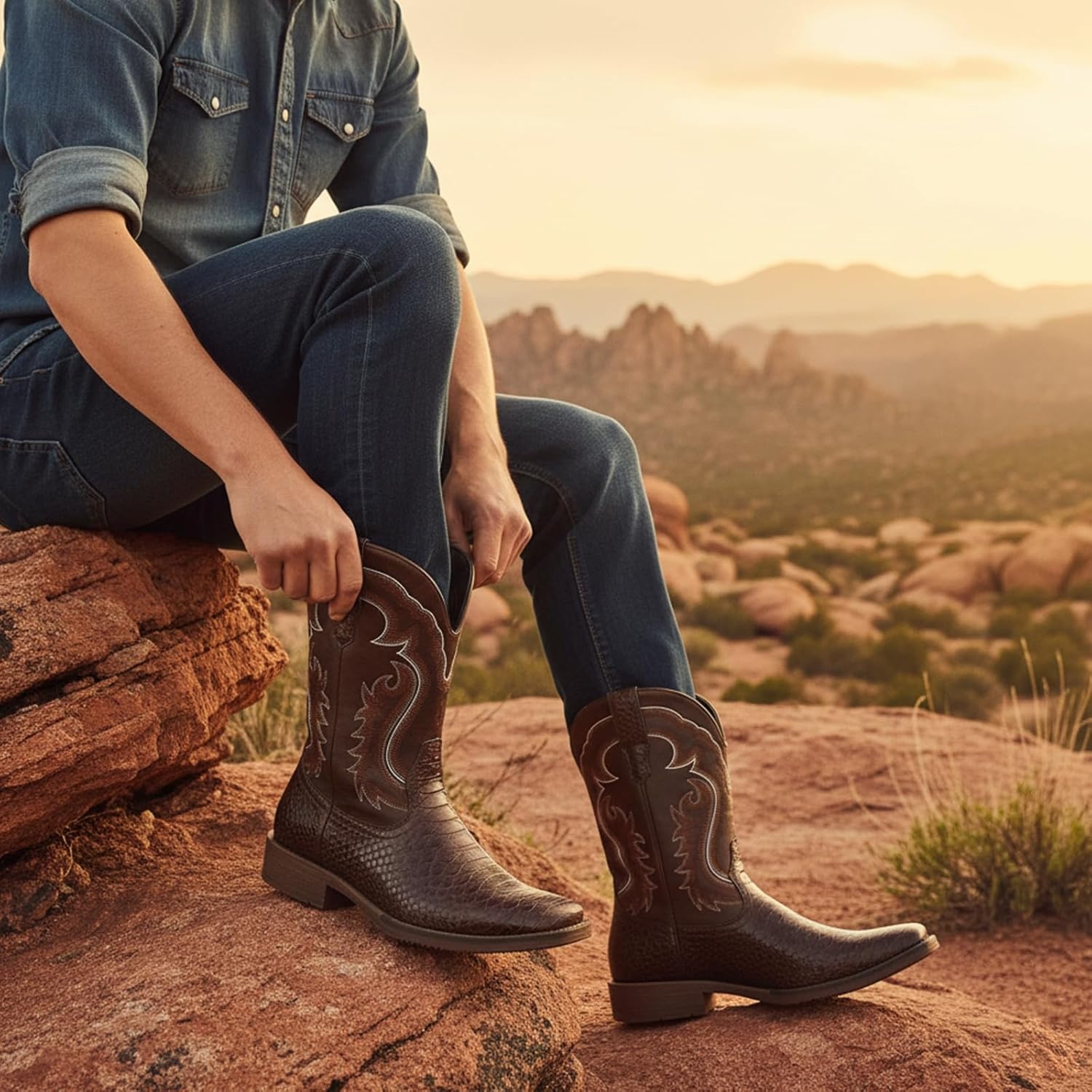 image:imageIUV Cowboy Boots for Men Faux Snake Skin Embroidered Western Boots Slip Resistant Square Toe Pull on Mid Calf Cowboy BootKhaki