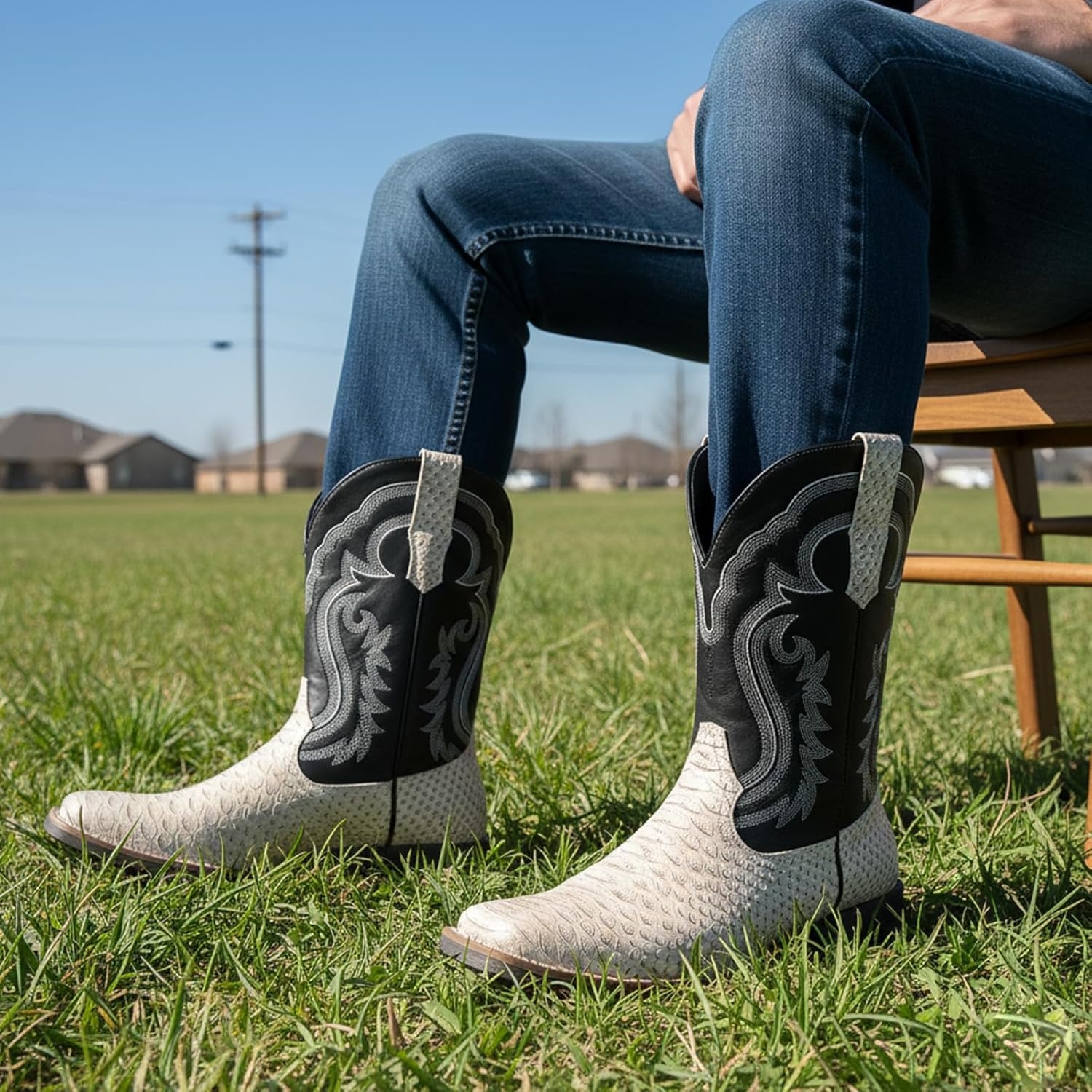 image:imageIUV Cowboy Boots for Men Faux Snake Skin Embroidered Western Boots Slip Resistant Square Toe Pull on Mid Calf Cowboy BootWhite