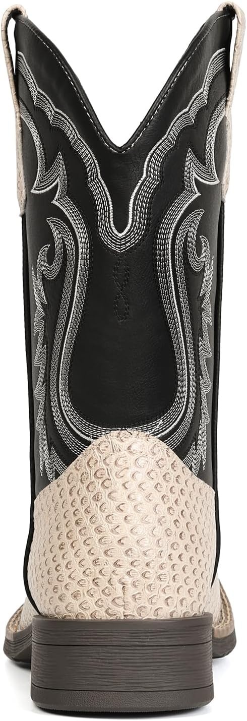 image:imageIUV Cowboy Boots for Men Faux Snake Skin Embroidered Western Boots Slip Resistant Square Toe Pull on Mid Calf Cowboy BootWhite