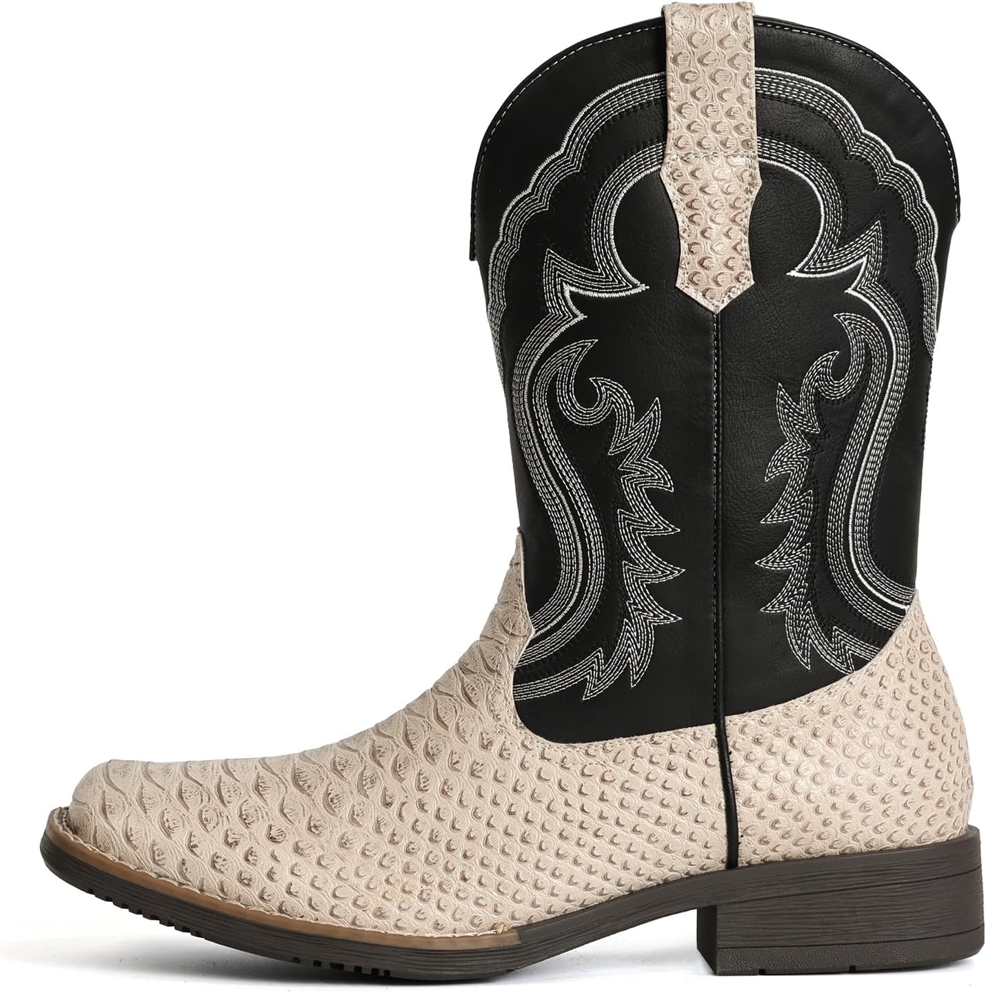 image:imageIUV Cowboy Boots for Men Faux Snake Skin Embroidered Western Boots Slip Resistant Square Toe Pull on Mid Calf Cowboy BootWhite