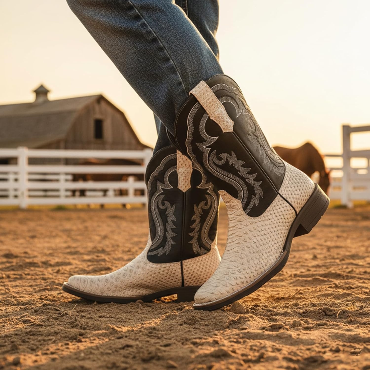image:imageIUV Cowboy Boots for Men Faux Snake Skin Embroidered Western Boots Slip Resistant Square Toe Pull on Mid Calf Cowboy BootWhite