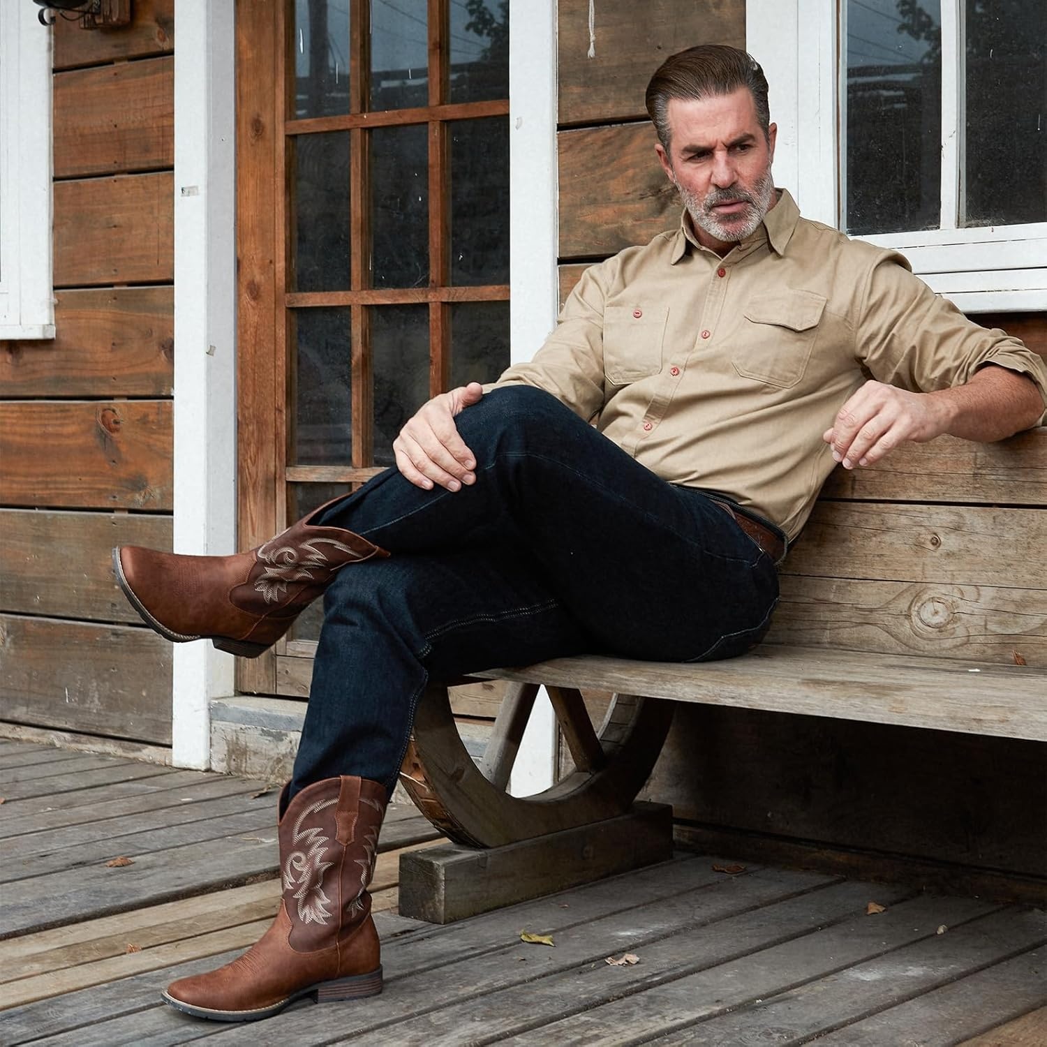 image:imageIUV Cowboy Boots for Men Square Toe PullOn Western Boots with Classic Embroidery Slip amp Oil Resistant Outsole Durable Heel for Stylish Casual and Country WearBrown