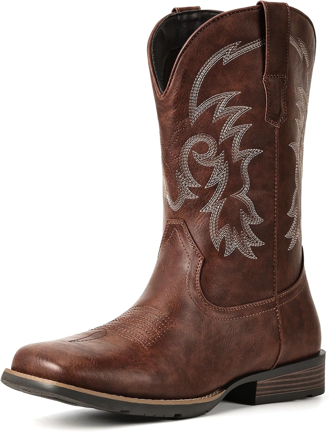 image:imageIUV Cowboy Boots for Men Square Toe PullOn Western Boots with Classic Embroidery Slip amp Oil Resistant Outsole Durable Heel for Stylish Casual and Country WearRedBrown