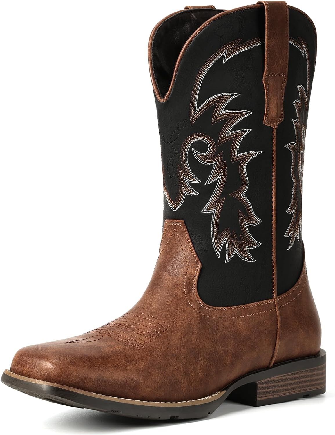 image:imageIUV Cowboy Boots for Men Square Toe PullOn Western Boots with Classic Embroidery Slip amp Oil Resistant Outsole Durable Heel for Stylish Casual and Country WearBlack Brown