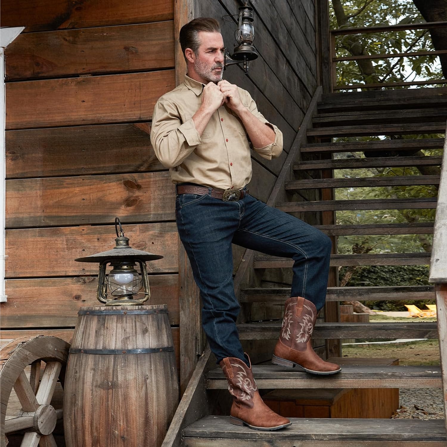 image:imageIUV Cowboy Boots for Men Square Toe PullOn Western Boots with Classic Embroidery Slip amp Oil Resistant Outsole Durable Heel for Stylish Casual and Country WearBrown