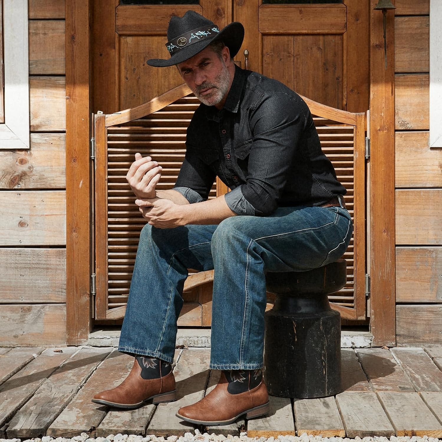 image:imageIUV Cowboy Boots for Men Square Toe PullOn Western Boots with Classic Embroidery Slip amp Oil Resistant Outsole Durable Heel for Stylish Casual and Country WearBlack Brown