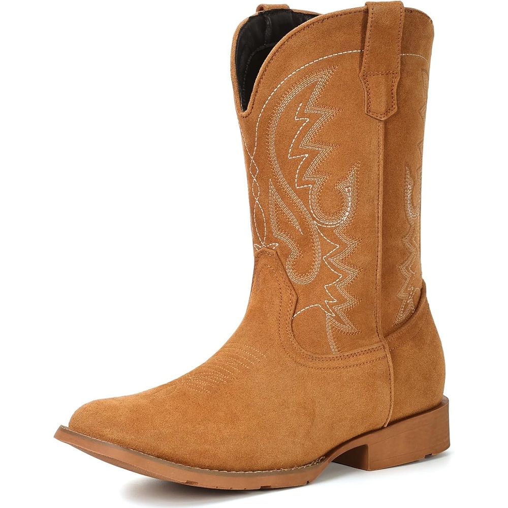 image:imageIUV Cowboy Boots For Men Suede Square Toe Western Boots Pull On Classic Embroidered BootSuede Brown