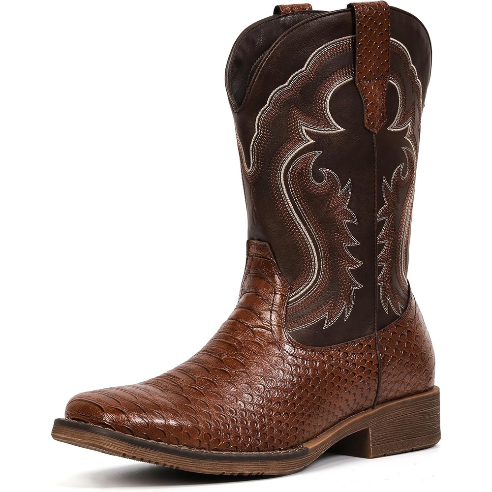 image:imageIUV Cowboy Boots for Men Faux Snake Skin Embroidered Western Boots Slip Resistant Square Toe Pull on Mid Calf Cowboy BootDark Brown