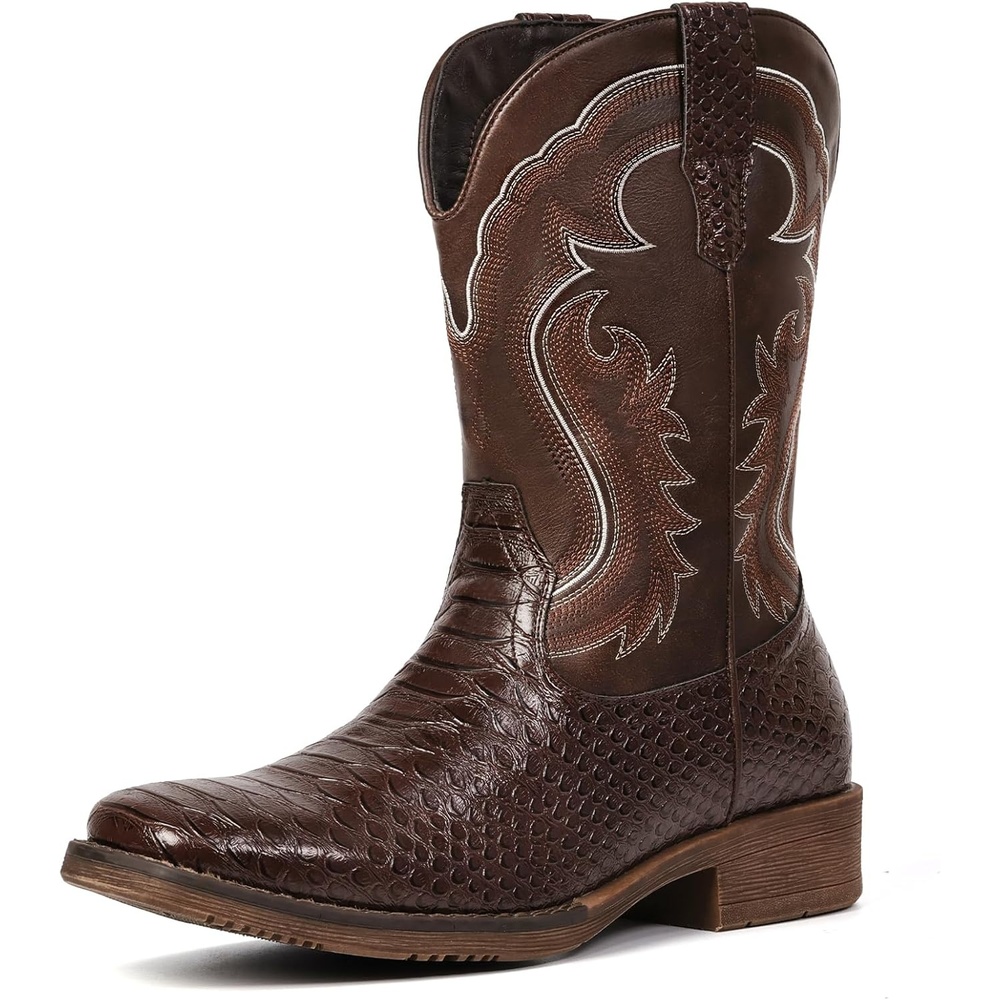 image:imageIUV Cowboy Boots for Men Faux Snake Skin Embroidered Western Boots Slip Resistant Square Toe Pull on Mid Calf Cowboy BootKhaki