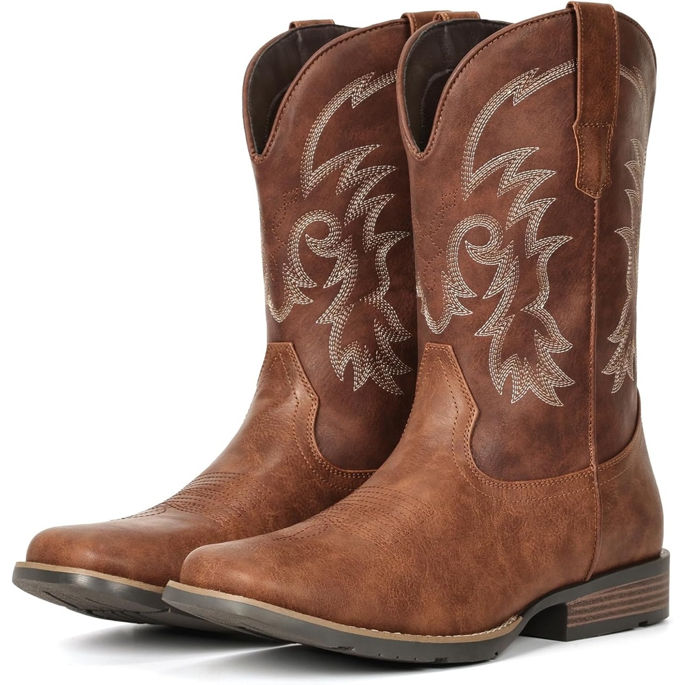 image:imageIUV Cowboy Boots for Men Square Toe PullOn Western Boots with Classic Embroidery Slip amp Oil Resistant Outsole Durable Heel for Stylish Casual and Country WearBrown