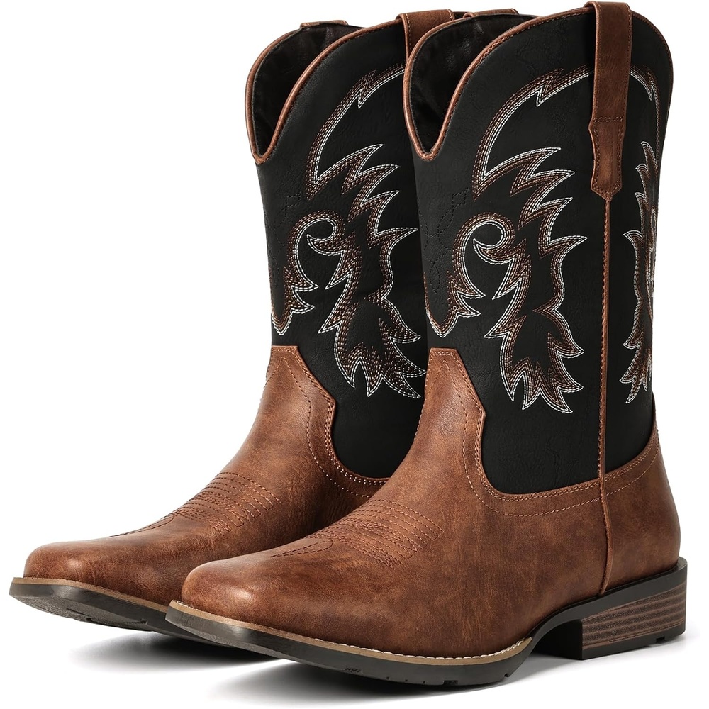 image:imageIUV Cowboy Boots for Men Square Toe PullOn Western Boots with Classic Embroidery Slip amp Oil Resistant Outsole Durable Heel for Stylish Casual and Country WearBlack Brown