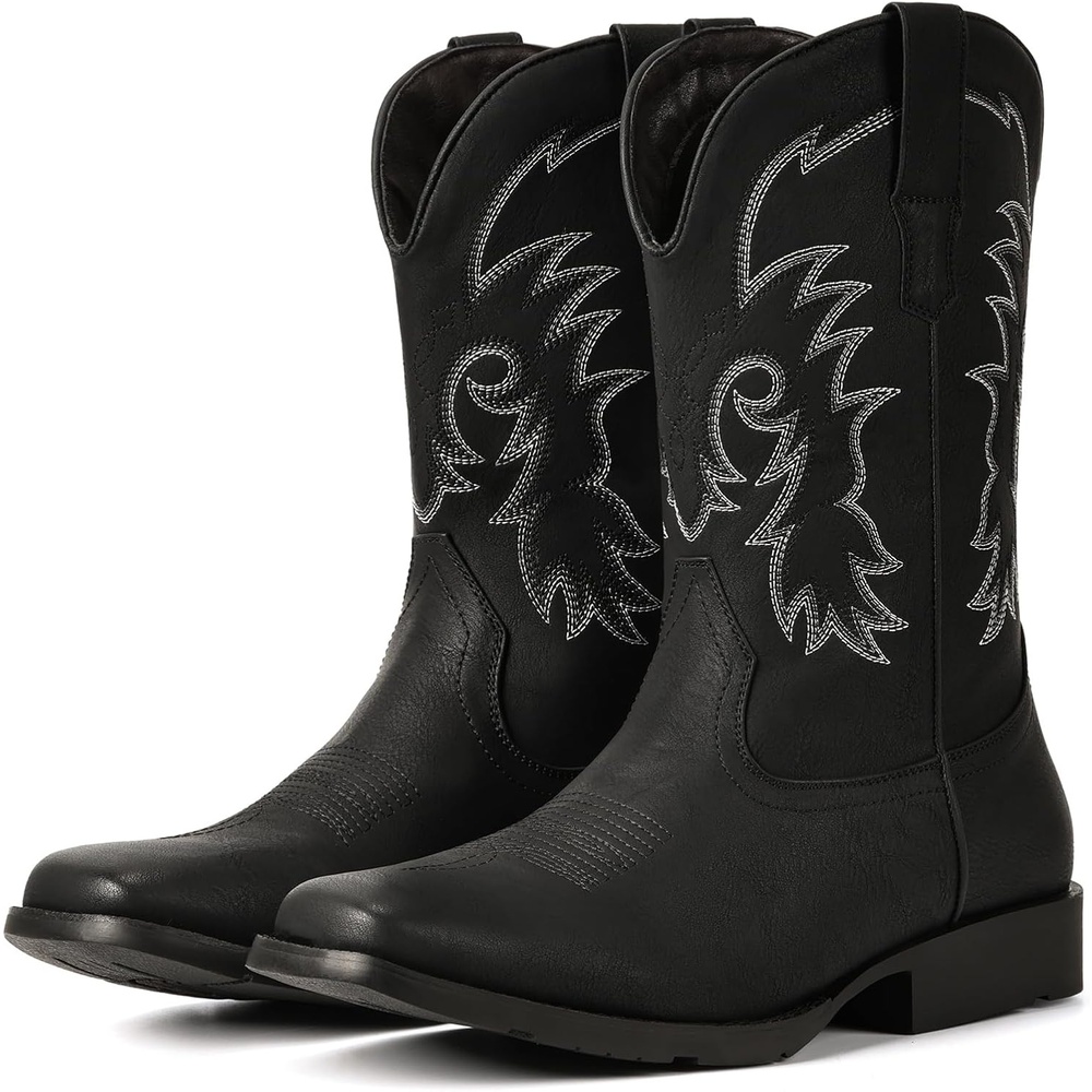 image:imageIUV Cowboy Boots for Men Square Toe PullOn Western Boots with Classic Embroidery Slip amp Oil Resistant Outsole Durable Heel for Stylish Casual and Country WearBlack