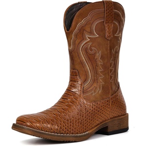 image:imageIUV Cowboy Boots for Men Faux Snake Skin Embroidered Western Boots Slip Resistant Square Toe Pull on Mid Calf Cowboy BootBrown