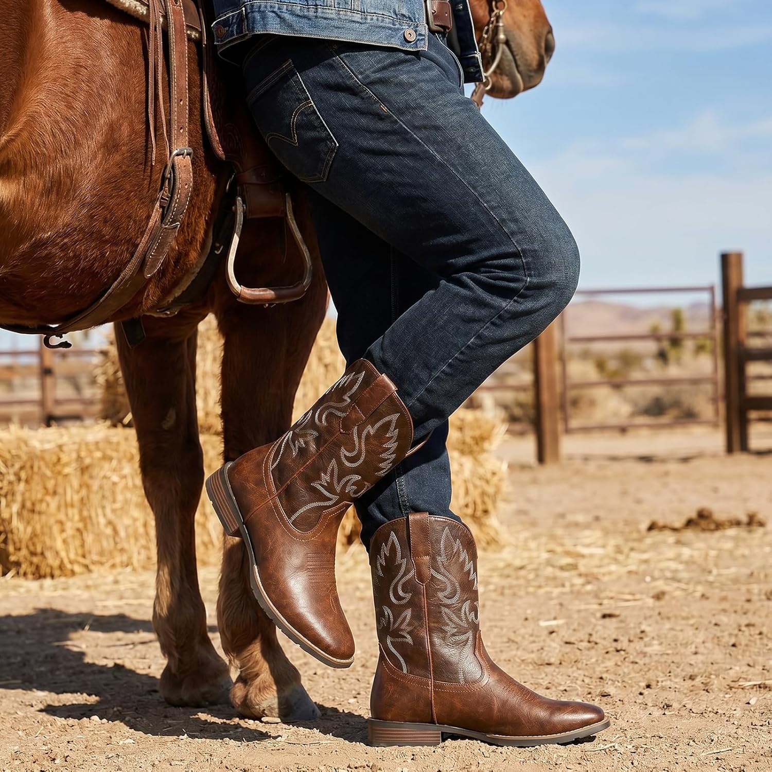 image:imageIUV Cowboy Boots for Men Square Toe Chunky Heel Western Boots with Retro Classic Embroidered Pull on Mid Calf Slip Resistant Casual ShoesDark Brown