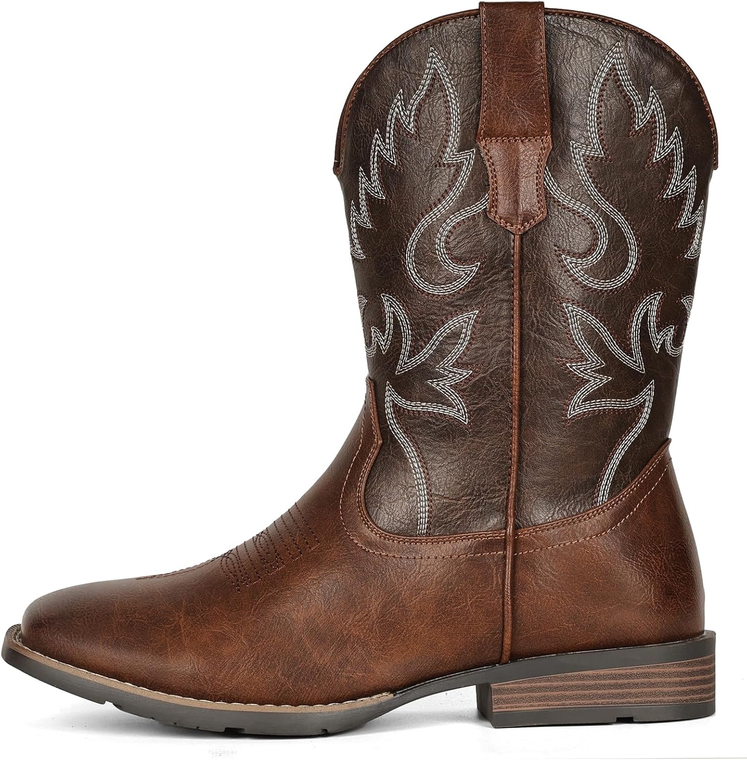 image:imageIUV Cowboy Boots for Men Square Toe Chunky Heel Western Boots with Retro Classic Embroidered Pull on Mid Calf Slip Resistant Casual ShoesDark Brown