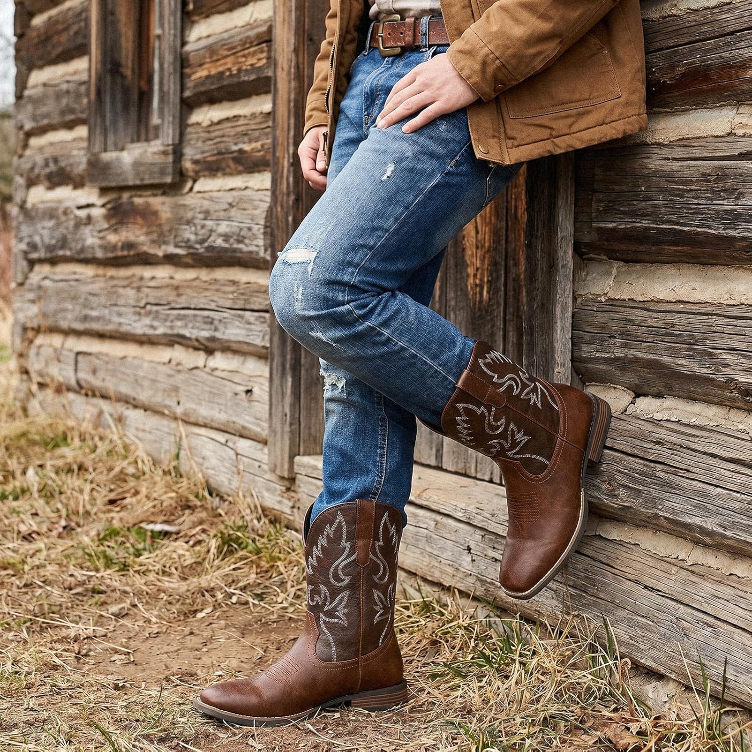 image:imageIUV Cowboy Boots for Men Square Toe Chunky Heel Western Boots with Retro Classic Embroidered Pull on Mid Calf Slip Resistant Casual ShoesDark Brown