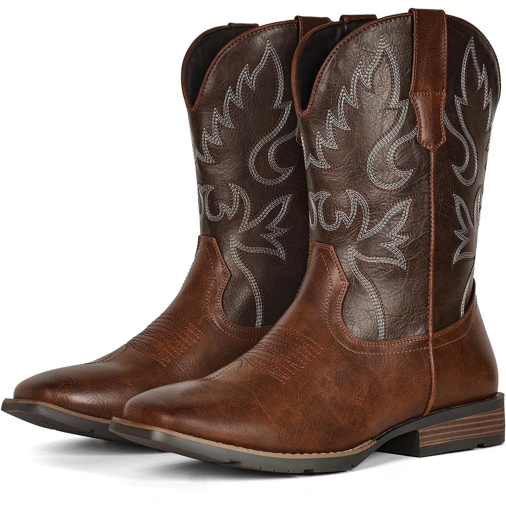 image:imageIUV Cowboy Boots for Men Square Toe Chunky Heel Western Boots with Retro Classic Embroidered Pull on Mid Calf Slip Resistant Casual ShoesDark Brown