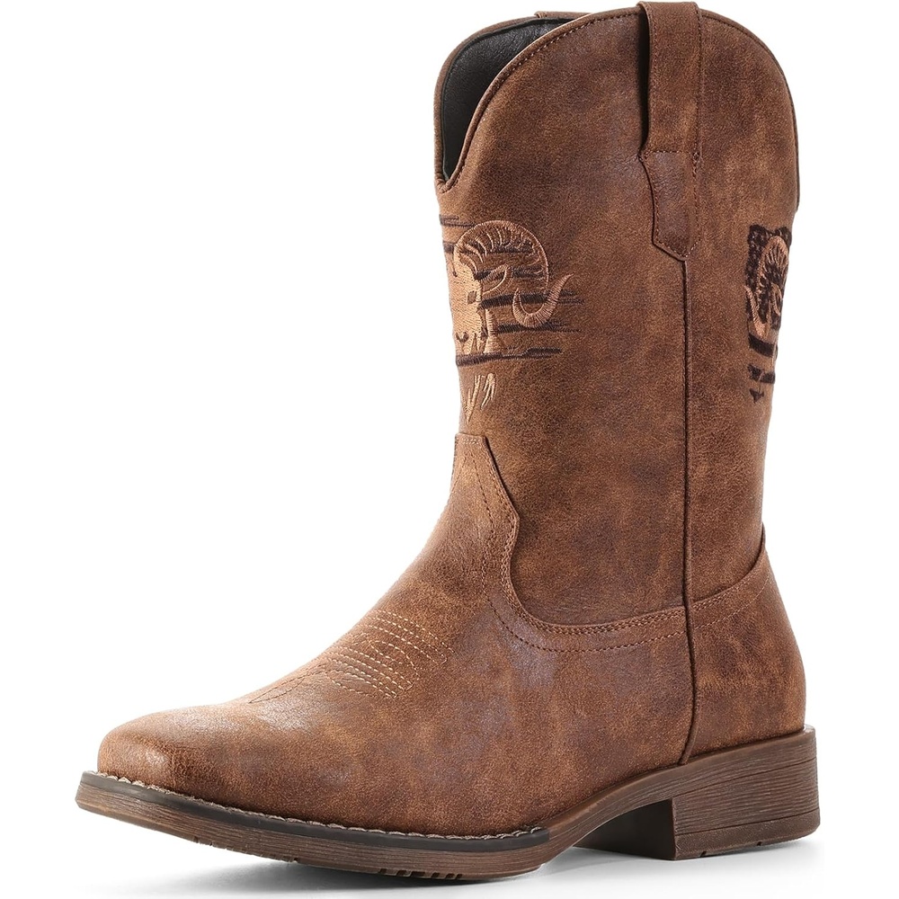 image:imageIUV Cowboy Boots for Men Square Toe Western Classic Embroidered Boots Durable Retro Country Pull on BootBrown