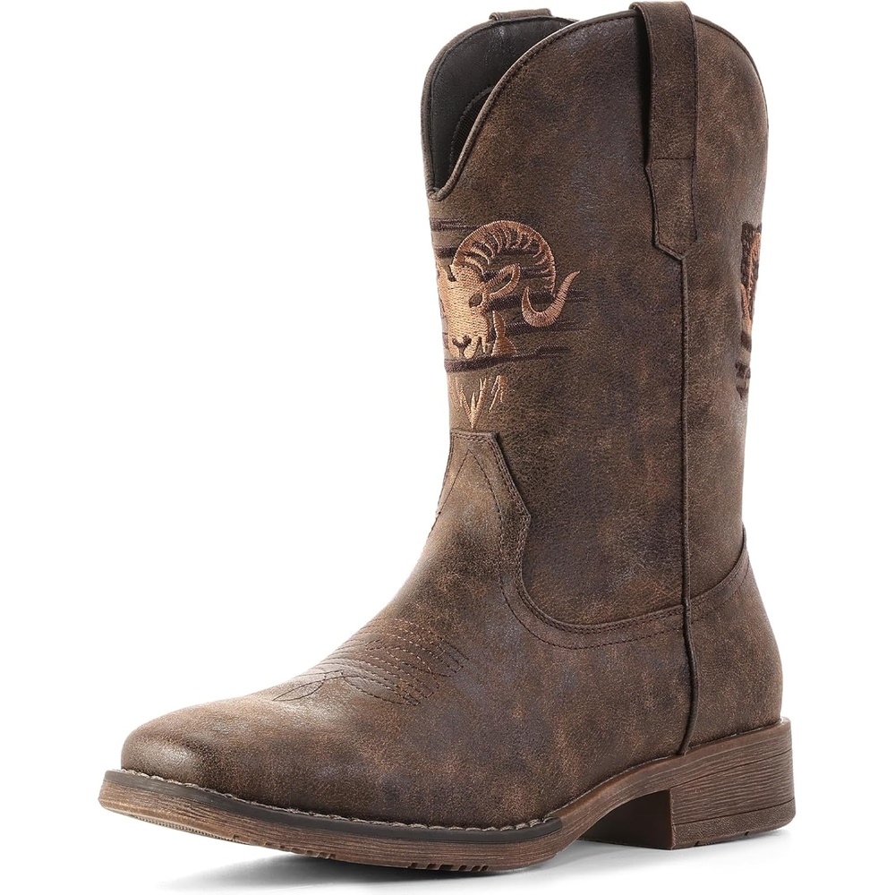 image:imageIUV Cowboy Boots for Men Square Toe Western Classic Embroidered Boots Durable Retro Country Pull on BootDark Brown