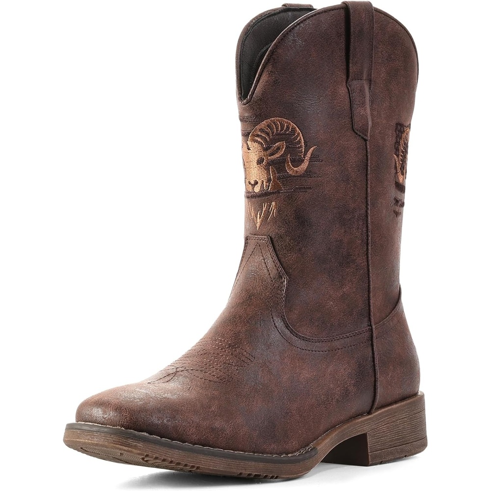 image:imageIUV Cowboy Boots for Men Square Toe Western Classic Embroidered Boots Durable Retro Country Pull on BootRedBrown