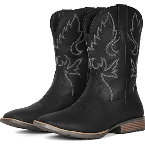 image:imageIUV Cowboy Boots for Men Square Toe Chunky Heel Western Boots with Retro Classic Embroidered Pull on Mid Calf Slip Resistant Casual ShoesBlack