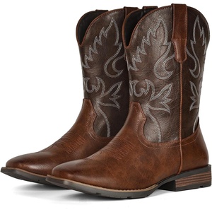 image:imageIUV Cowboy Boots for Men Square Toe Chunky Heel Western Boots with Retro Classic Embroidered Pull on Mid Calf Slip Resistant Casual ShoesDark Brown