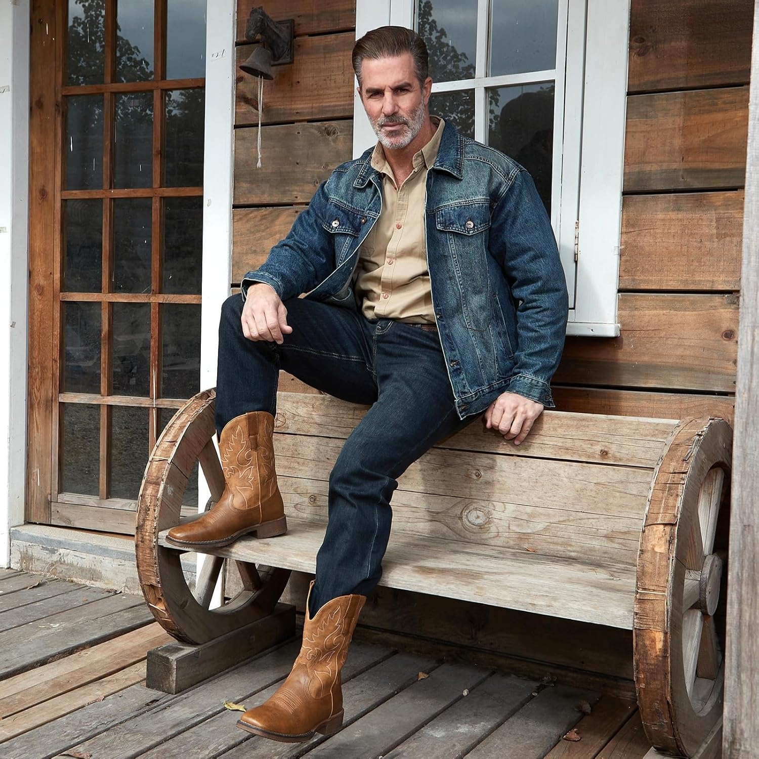 image:imageIUV Cowboy Boots for Men Square Toe Chunky Heel Western Boots with Retro Classic Embroidered Pull on Mid Calf Slip Resistant Casual Shoes