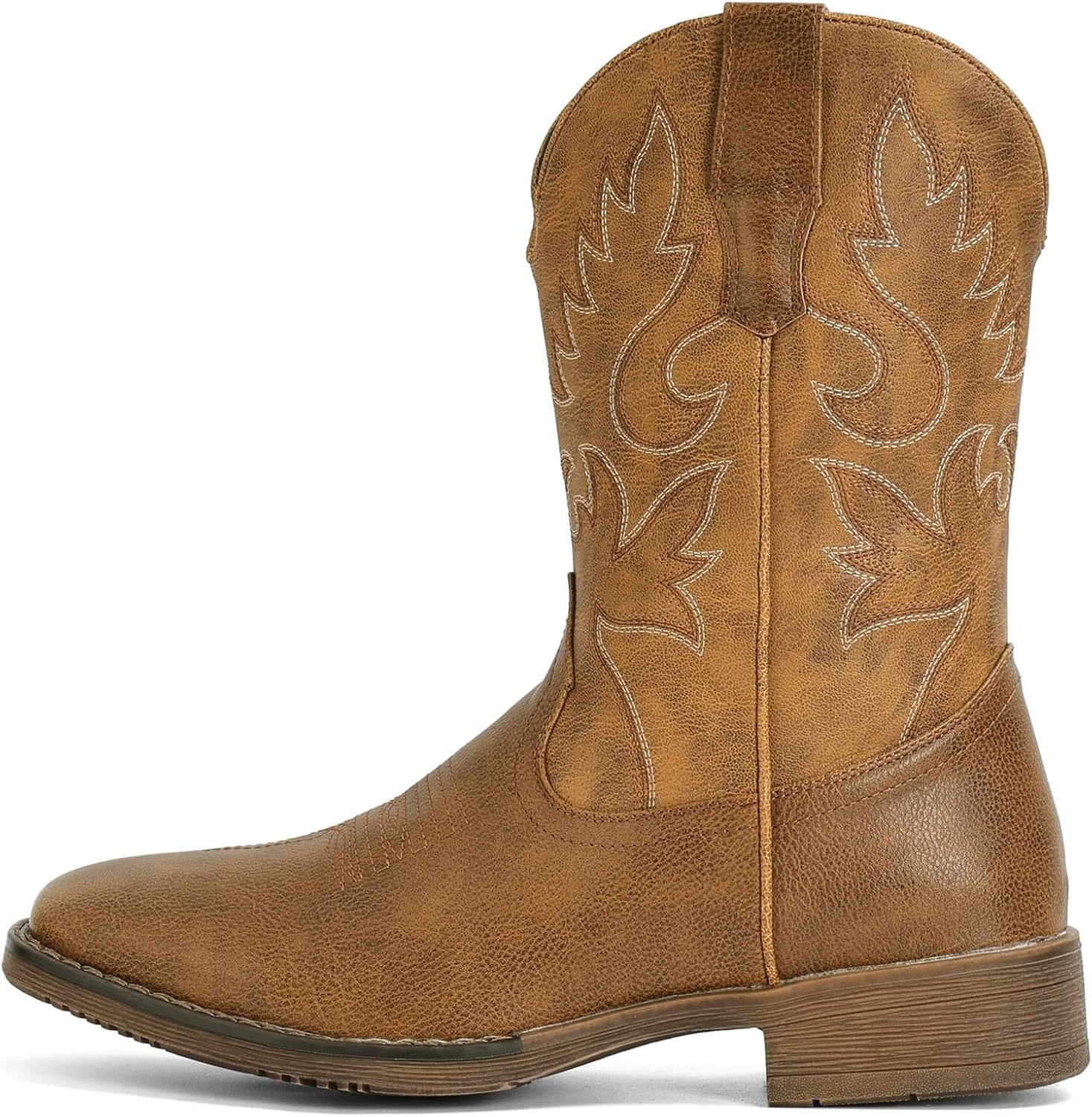 image:imageIUV Cowboy Boots for Men Square Toe Chunky Heel Western Boots with Retro Classic Embroidered Pull on Mid Calf Slip Resistant Casual Shoes