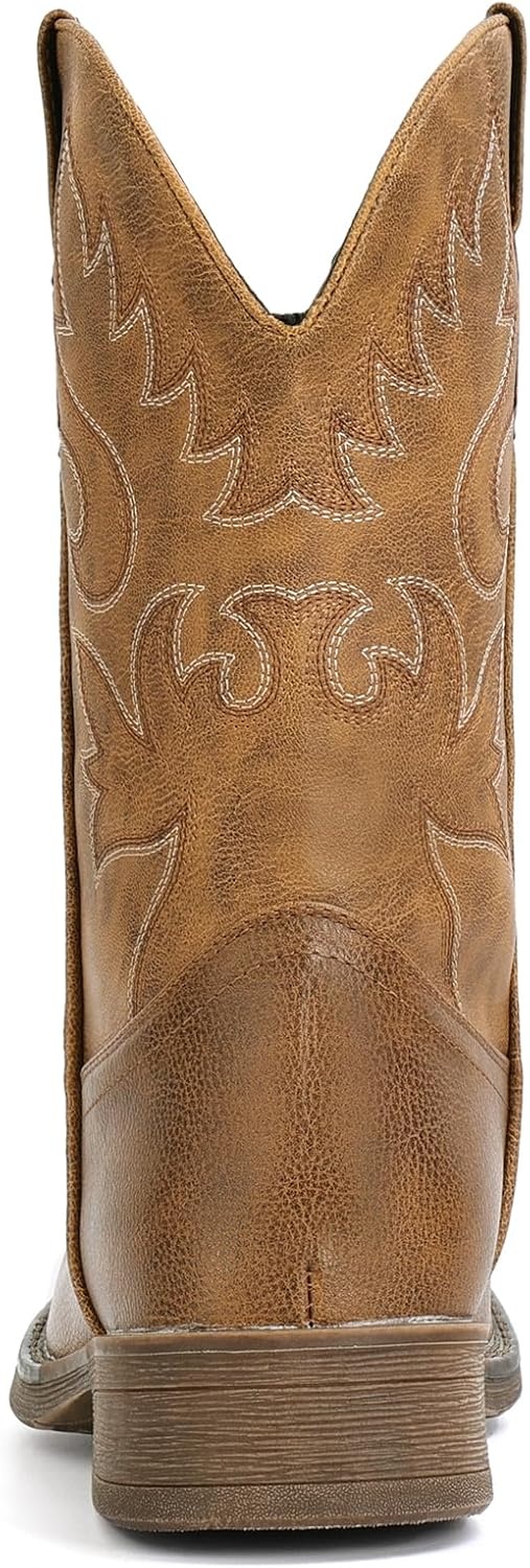 image:imageIUV Cowboy Boots for Men Square Toe Chunky Heel Western Boots with Retro Classic Embroidered Pull on Mid Calf Slip Resistant Casual Shoes
