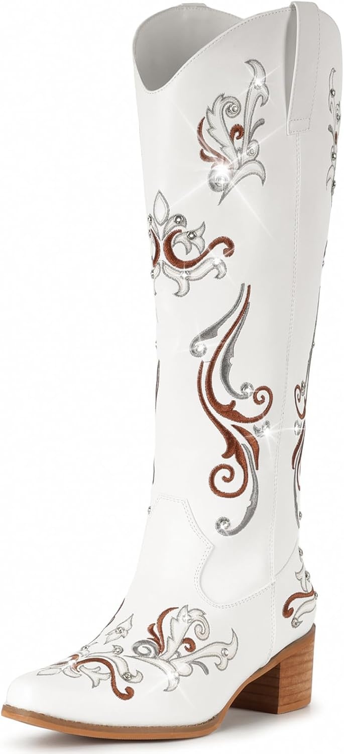 image:imageIUV Cowboy Boots for Women Sparkly Rhinestone Cowgirl Boots with EmbroideryPointed Toe Chunky Knee High Western Boots