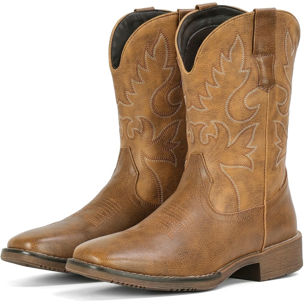 image:imageIUV Cowboy Boots for Men Square Toe Chunky Heel Western Boots with Retro Classic Embroidered Pull on Mid Calf Slip Resistant Casual Shoes