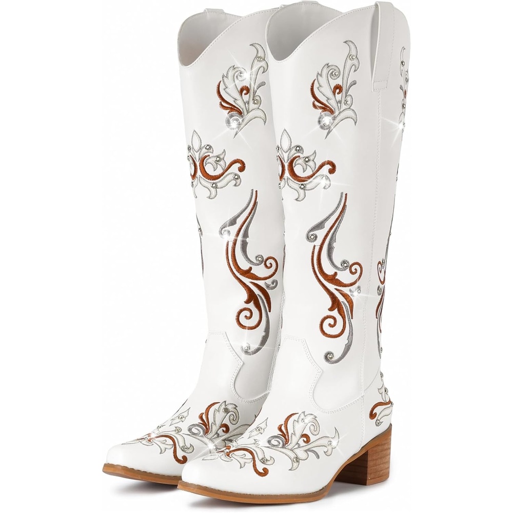 image:imageIUV Cowboy Boots for Women Sparkly Rhinestone Cowgirl Boots with EmbroideryPointed Toe Chunky Knee High Western Boots