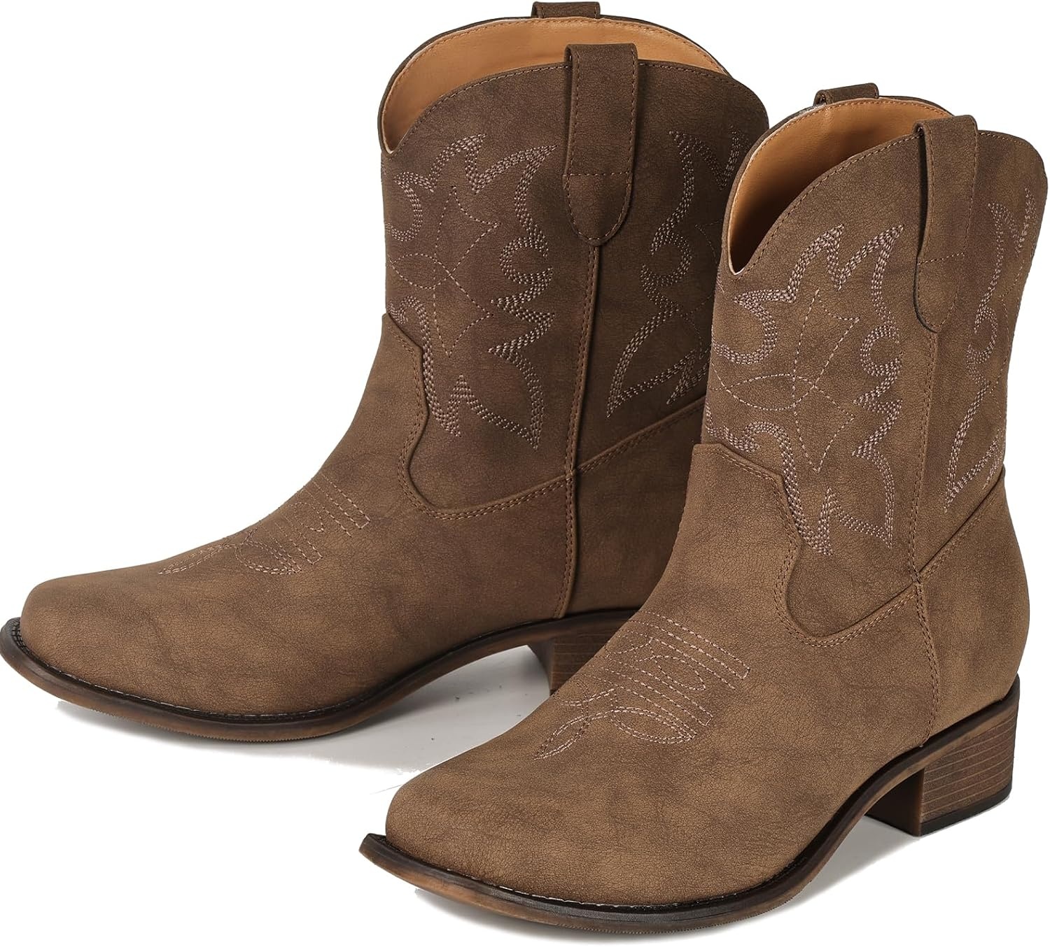 image:imageIUV Cowboy Boots for Women Square Toe Ankle Western Cowgirl Boots Classic Embroidered BootiesStone Brown