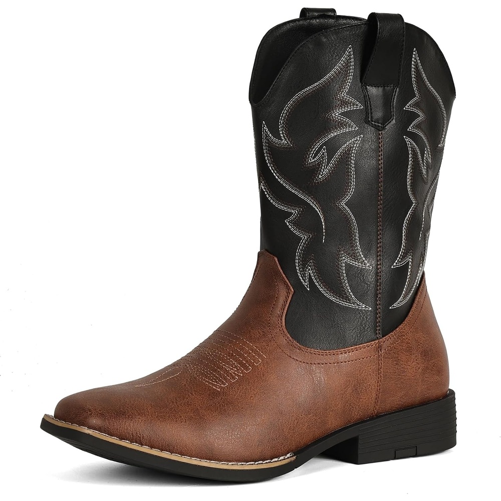 image:imageIUV Cowboy Boots For Men Wide Square ToeSlipResistant Western Boots with Embroidered Detail Easy PullOn DesignBlack Brown