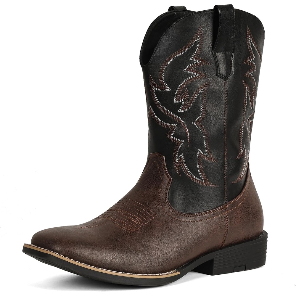 image:imageIUV Cowboy Boots For Men Wide Square ToeSlipResistant Western Boots with Embroidered Detail Easy PullOn DesignDark Brown