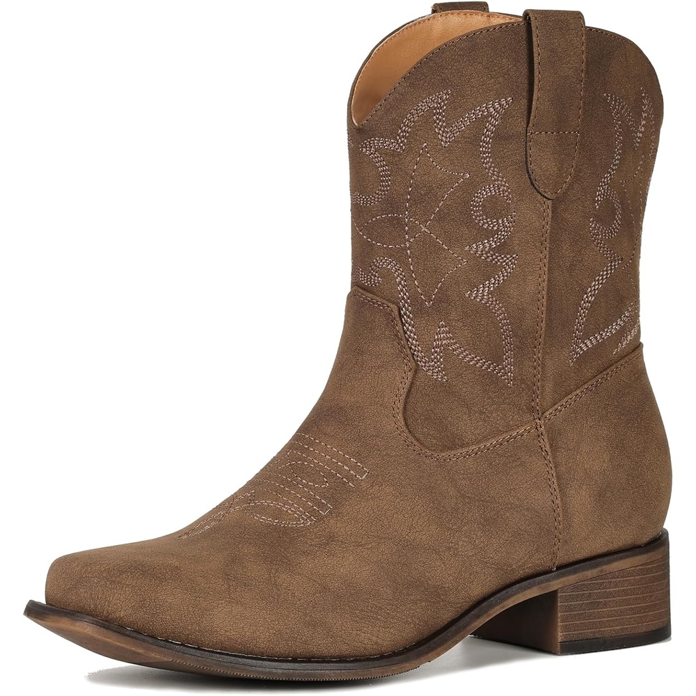 image:imageIUV Cowboy Boots for Women Square Toe Ankle Western Cowgirl Boots Classic Embroidered BootiesStone Brown